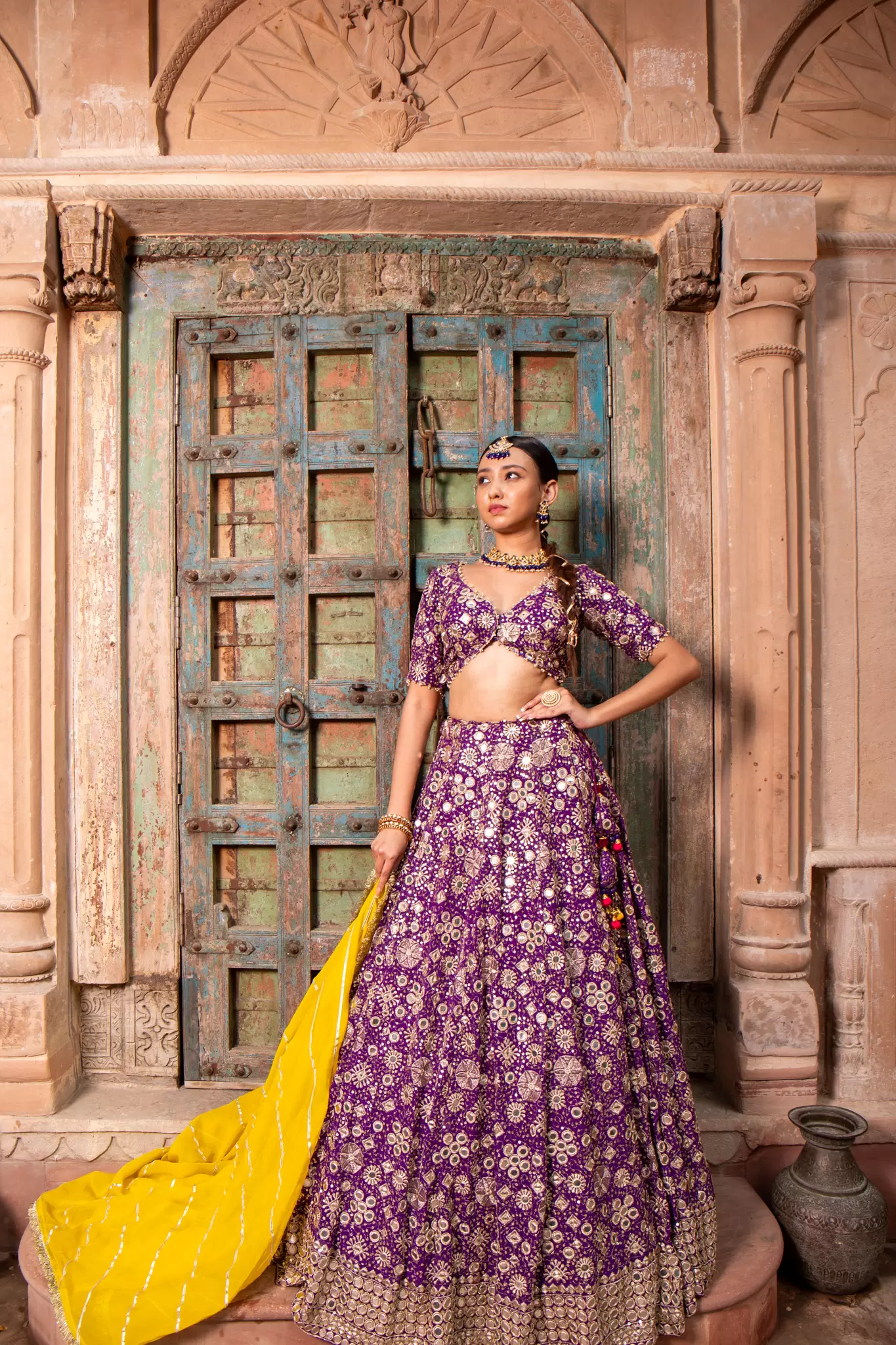 Purple Maharani Lehenga with Heavy Embroidery & Mustard yellow Dupatta