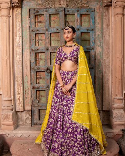 Purple Maharani Lehenga with Heavy Embroidery & Mustard yellow Dupatta