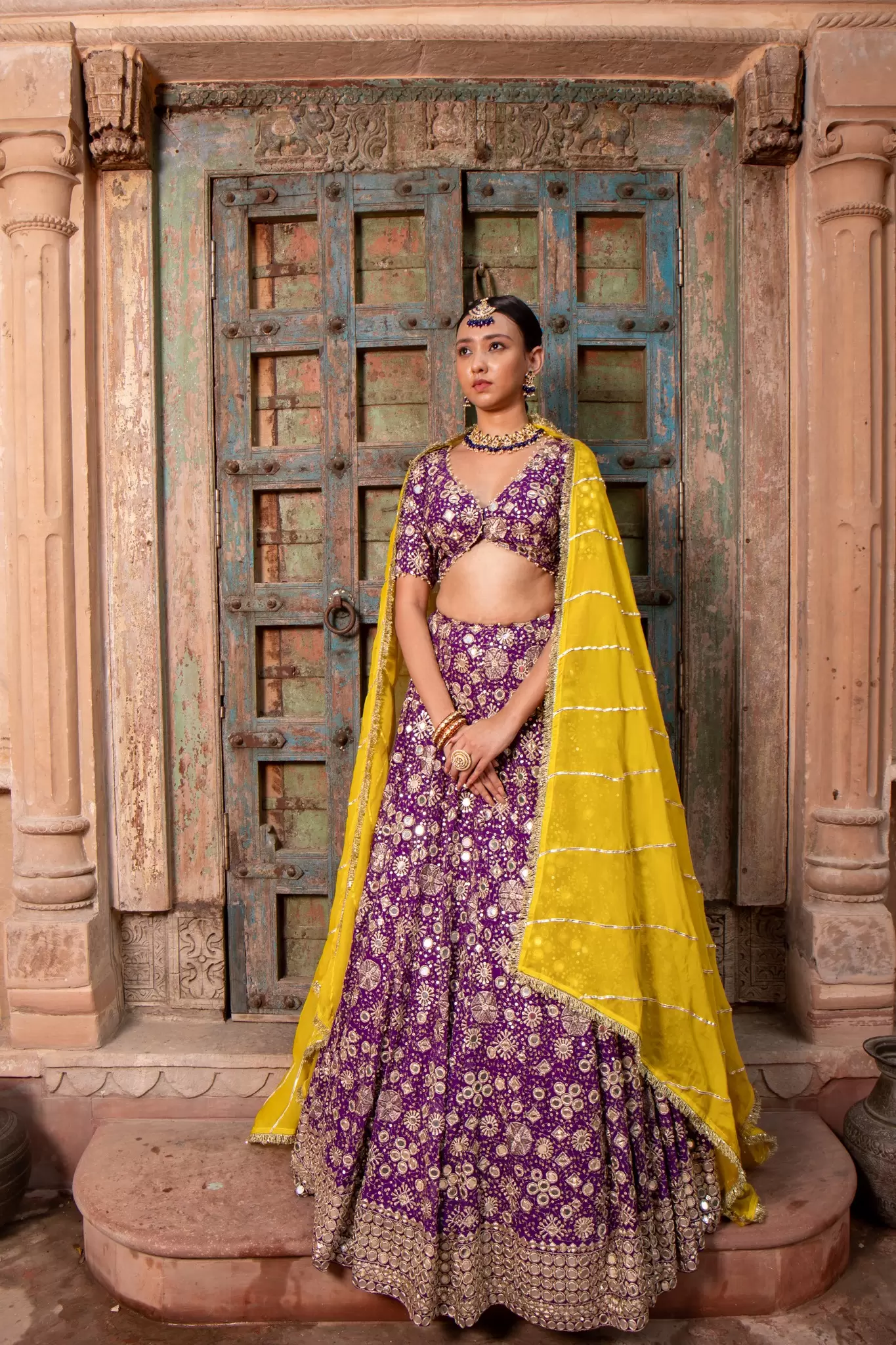 Purple Maharani Lehenga with Heavy Embroidery & Mustard yellow Dupatta