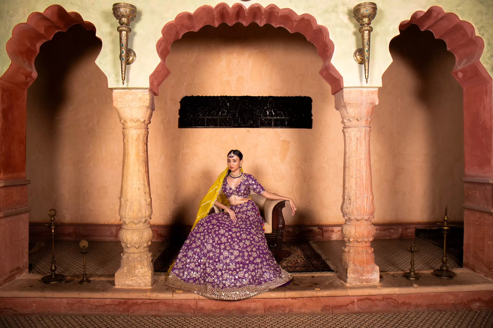 Purple Maharani Lehenga with Heavy Embroidery & Mustard yellow Dupatta