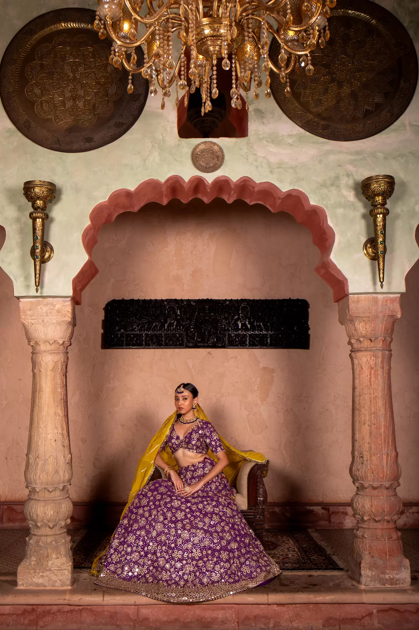 Purple Maharani Lehenga with Heavy Embroidery & Mustard yellow Dupatta