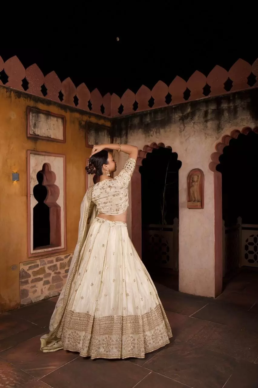 Ivory Pure Cosmos Tissue Silk Lehenga set with cut blouse