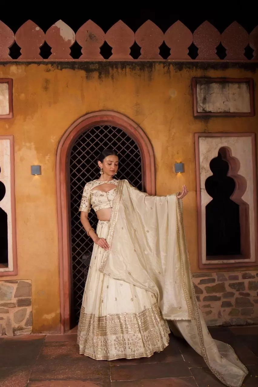 Ivory Pure Cosmos Tissue Silk Lehenga set with cut blouse