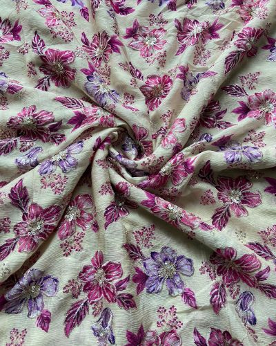 Purple and Rani floral position printed beige chinon fabric