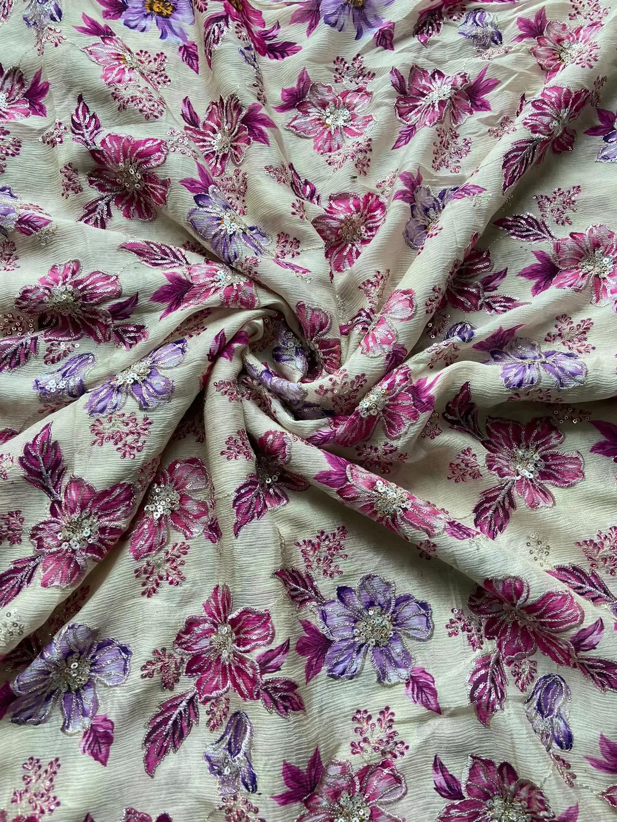 Purple and Rani floral position printed beige chinon fabric