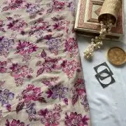 Purple and Rani floral position printed beige chinon fabric