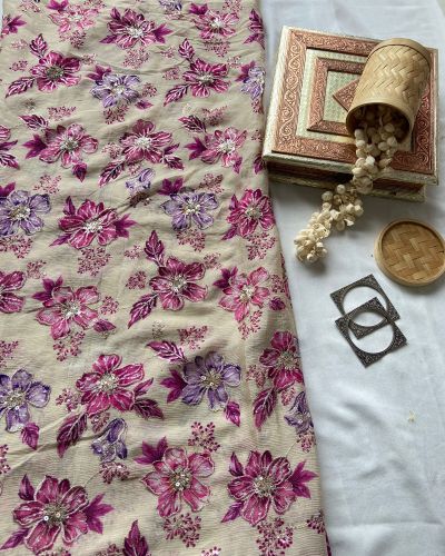 Purple and Rani floral position printed beige chinon fabric