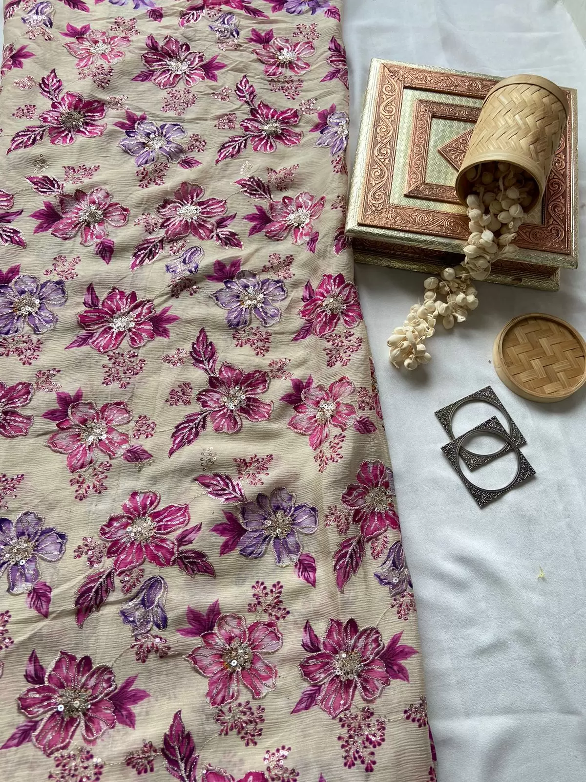 Purple and Rani floral position printed beige chinon fabric