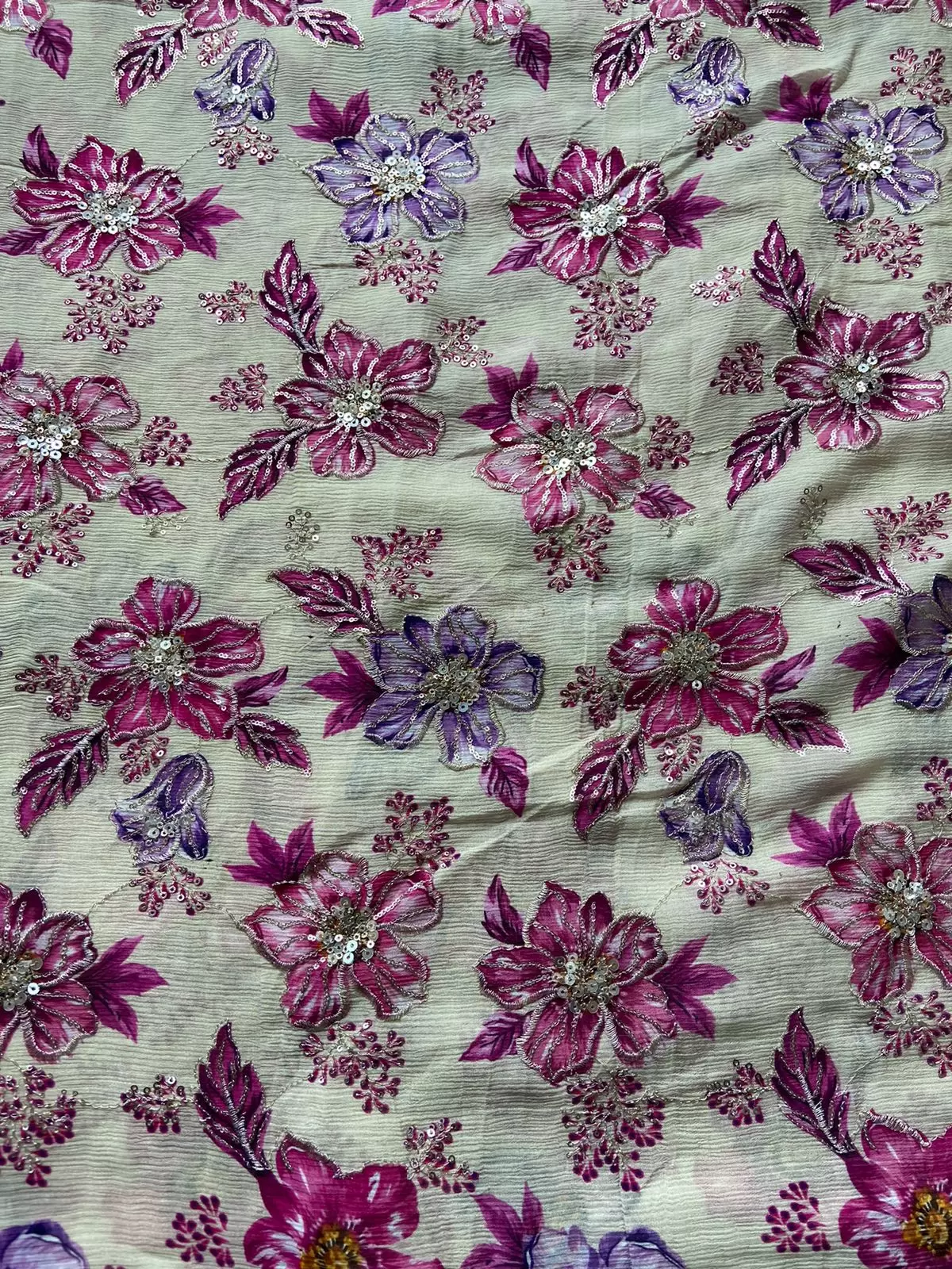 Purple and Rani floral position printed beige chinon fabric