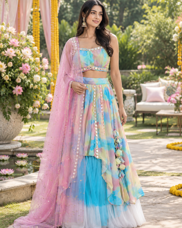 Asymetric Multicoloured Mirror embroidery custom lehenga