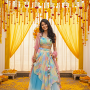 Asymetric Multicoloured Mirror embroidery custom lehenga