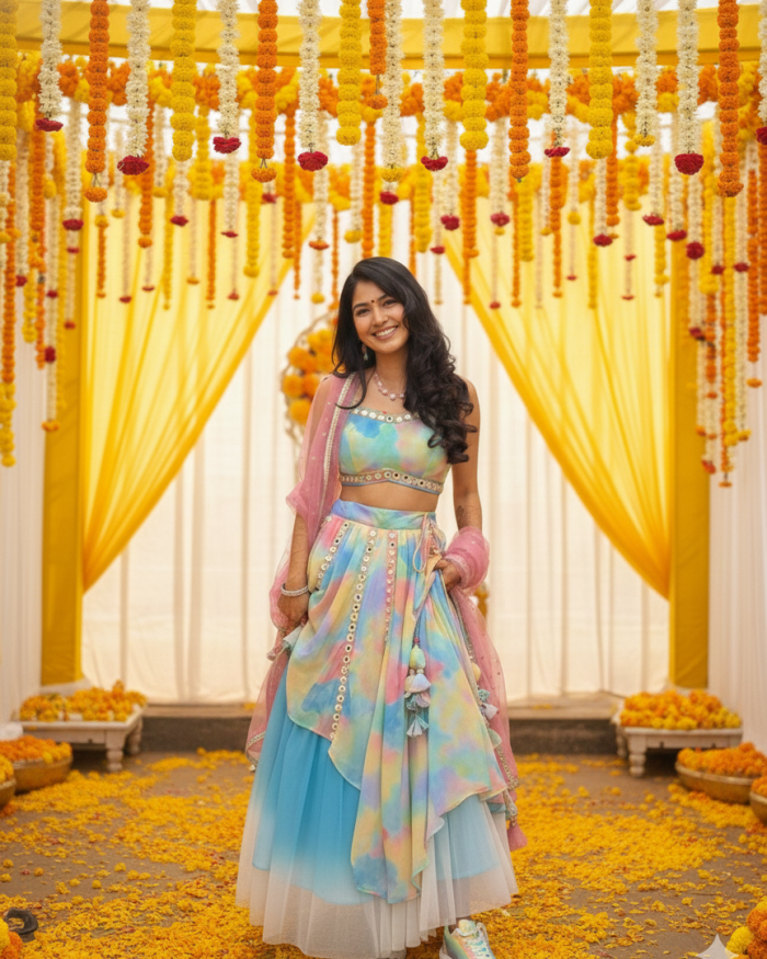 Asymetric Multicoloured Mirror embroidery custom lehenga