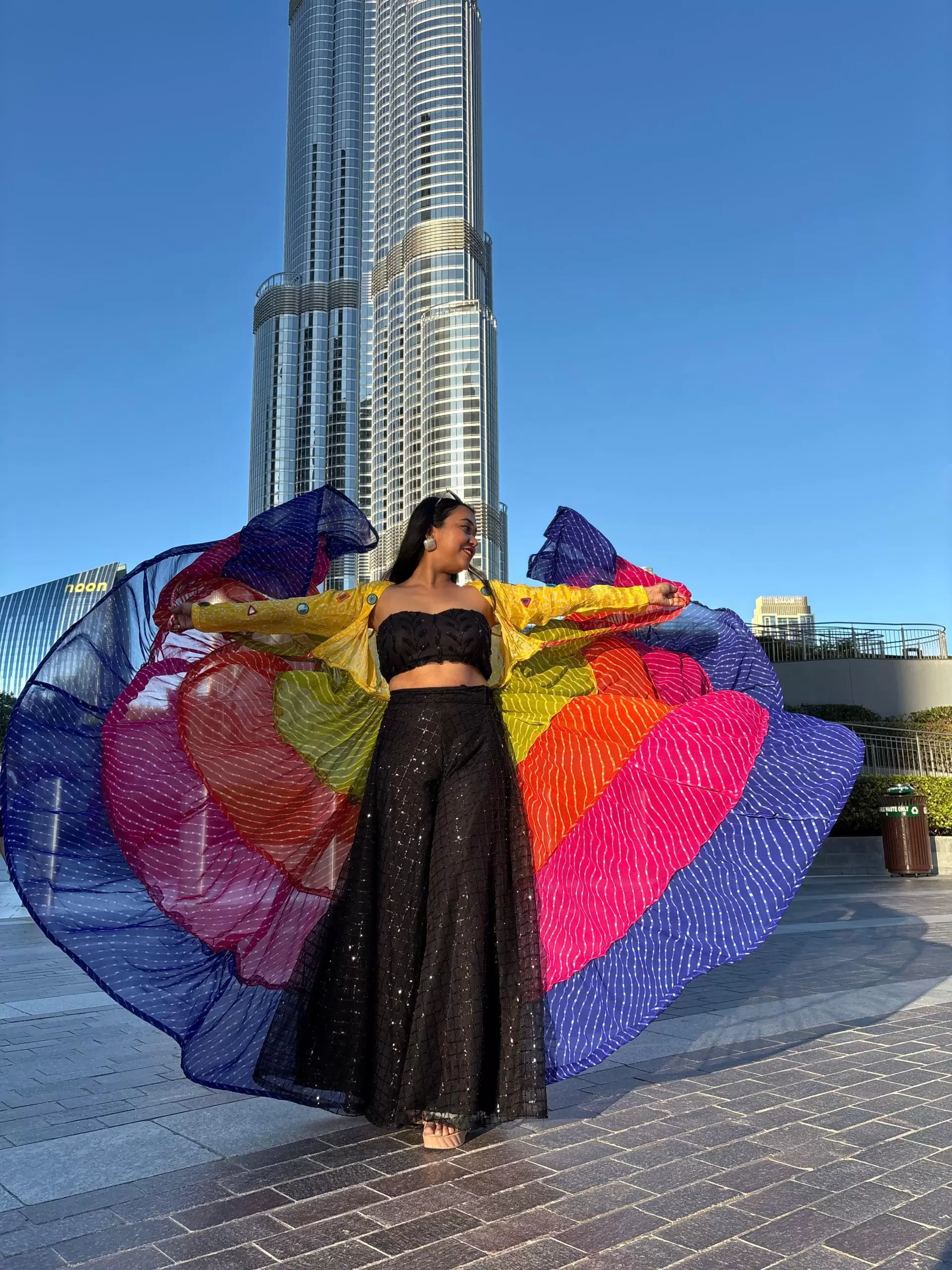 Leheriya multi coloured full flare shrug with mirror work detailing