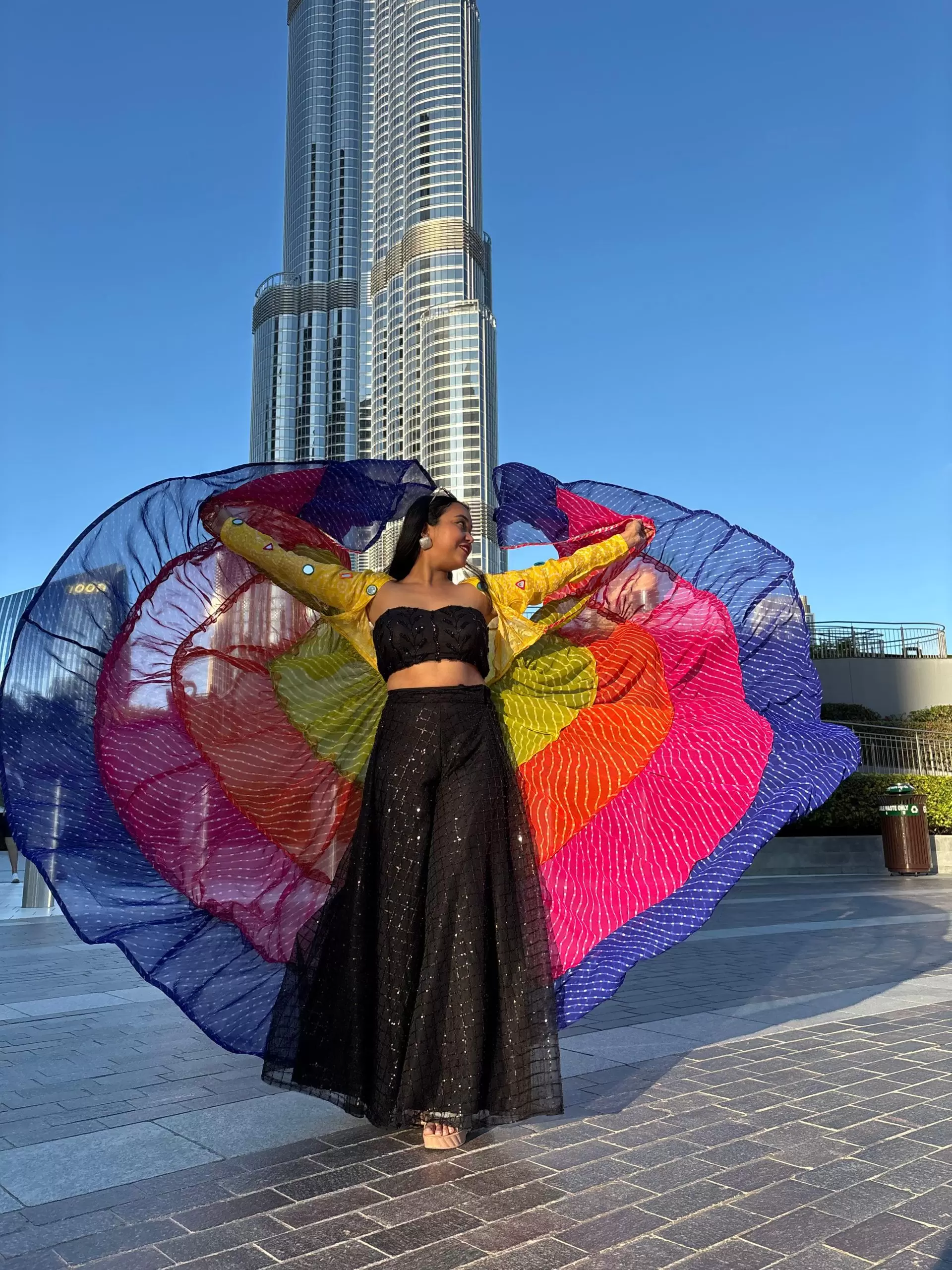 Leheriya multi coloured full flare shrug with mirror work detailing