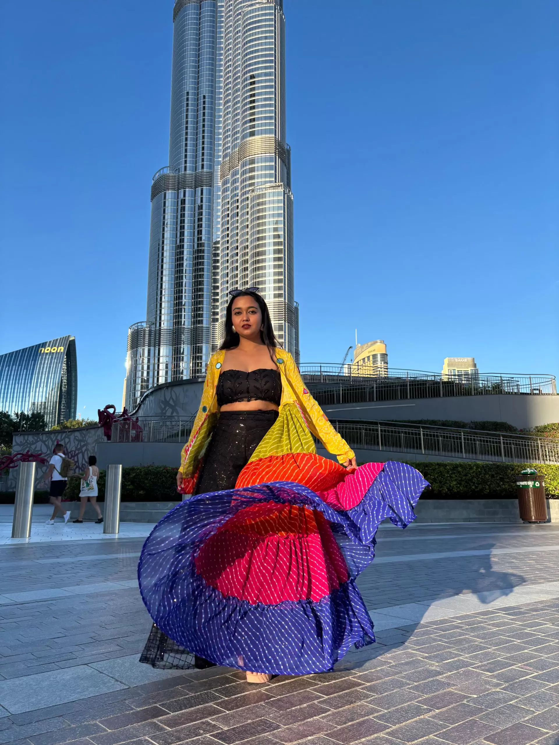 Leheriya multi coloured full flare shrug with mirror work detailing