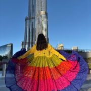 Leheriya multi coloured full flare shrug with mirror work detailing