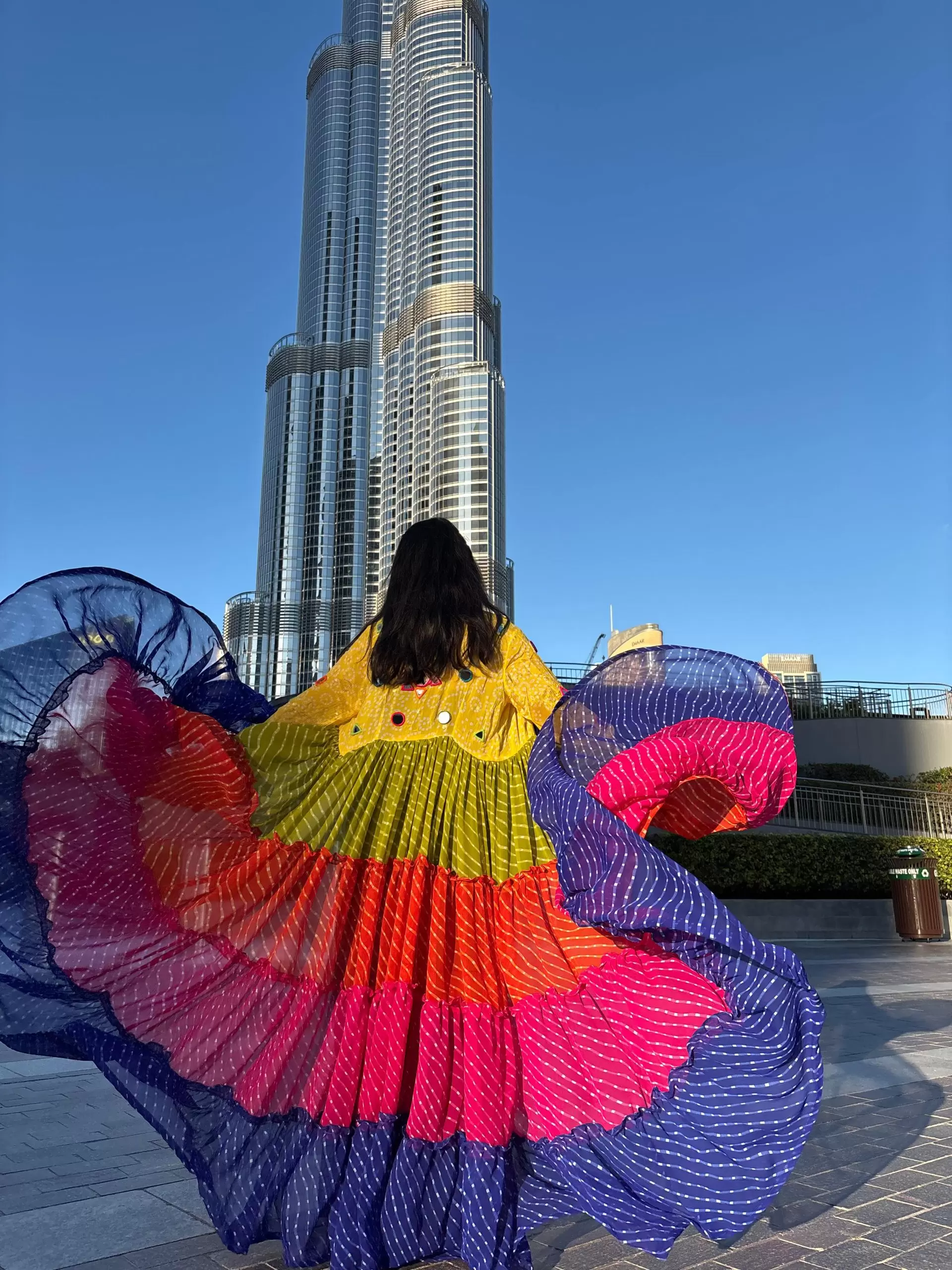 Leheriya multi coloured full flare shrug with mirror work detailing