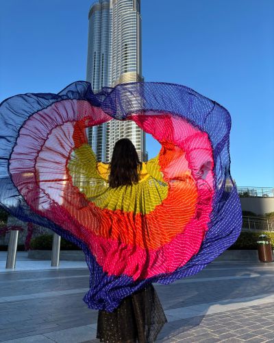 Leheriya multi coloured full flare shrug with mirror work detailing