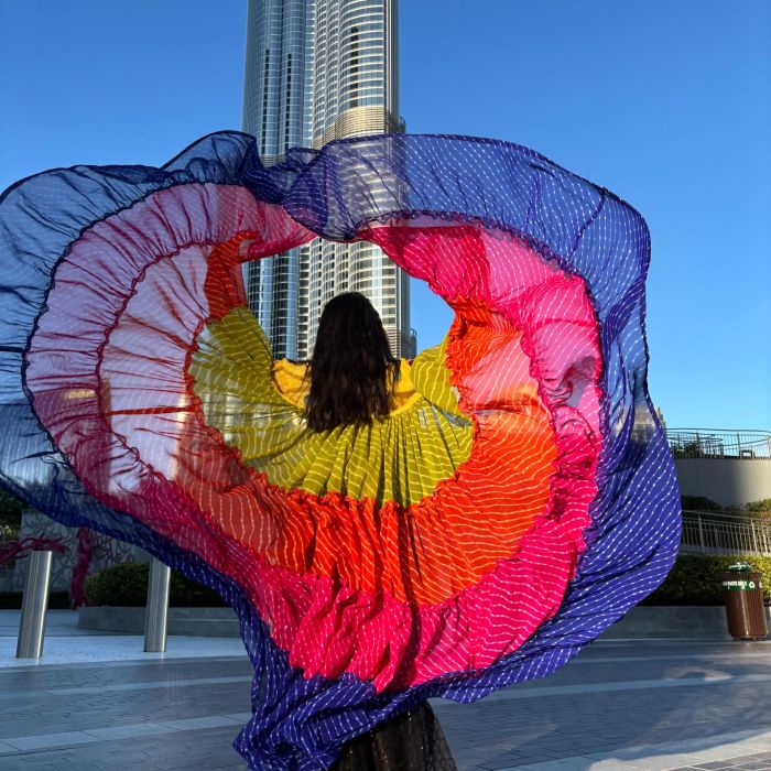 Leheriya multi coloured full flare shrug with mirror work detailing