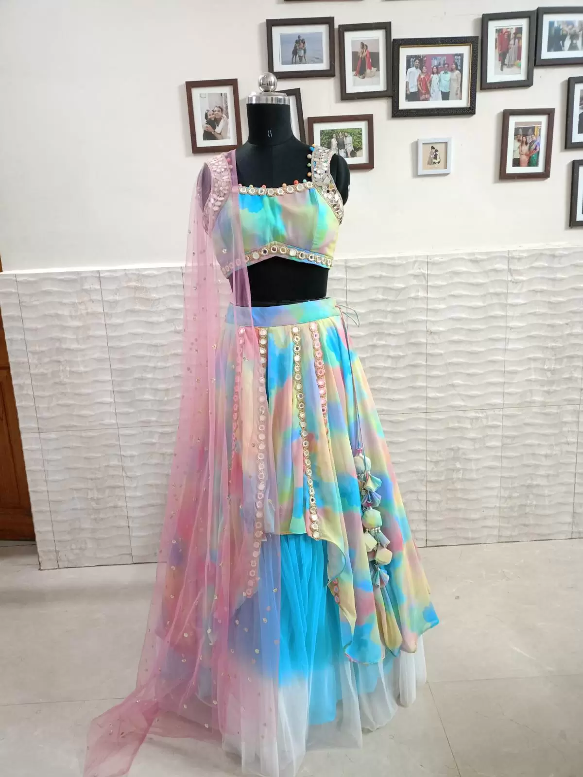 Asymetric Multicoloured Mirror embroidery custom lehenga