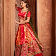 Orange & Red Kalidar Lehenga set with mehendi Green Dupatta