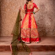 Orange & Red Kalidar Lehenga set with mehendi Green Dupatta