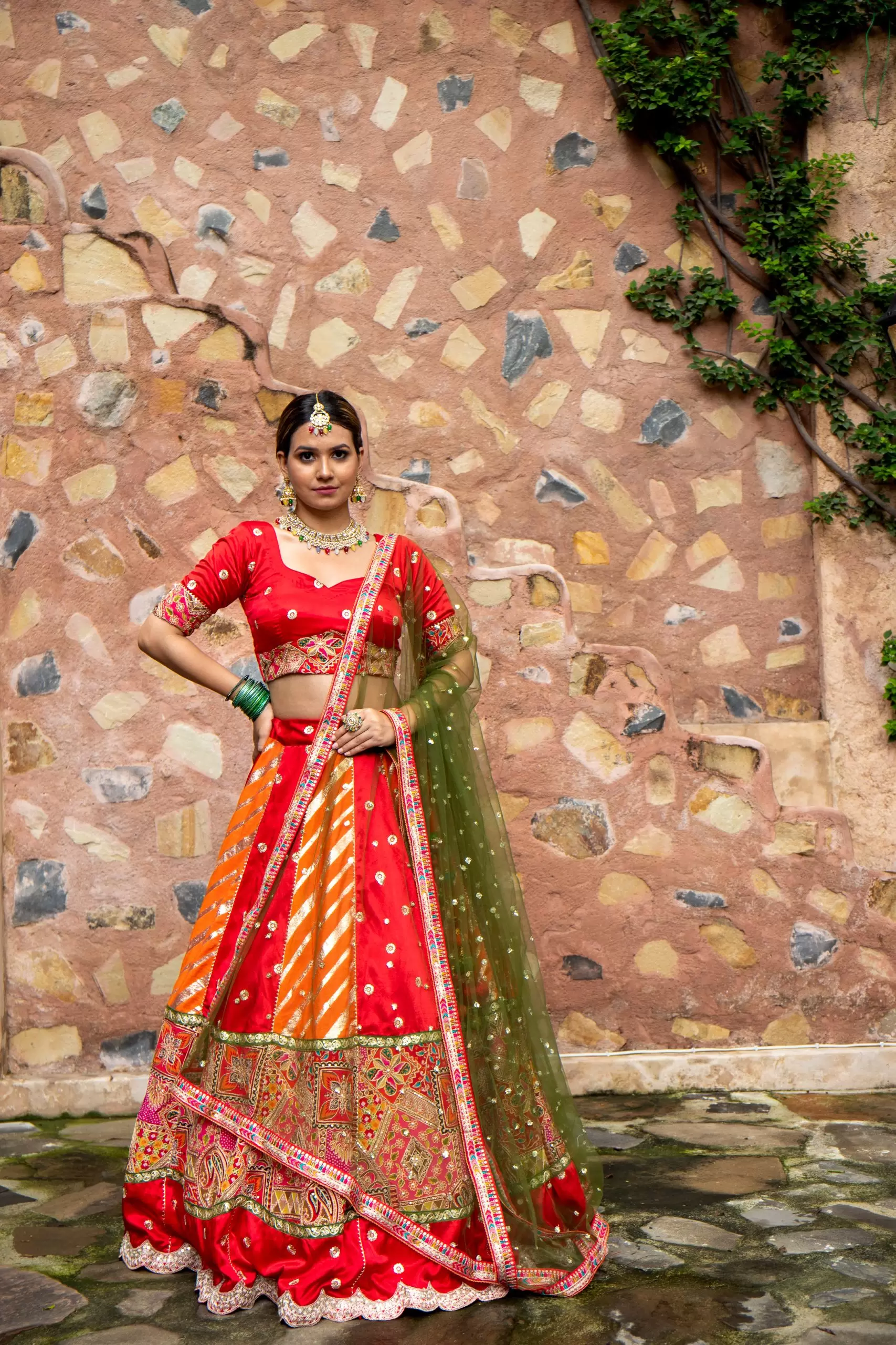 Orange & Red Kalidar Lehenga set with mehendi Green Dupatta