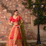 Orange & Red Kalidar Lehenga set with mehendi Green Dupatta