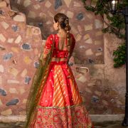 Orange & Red Kalidar Lehenga set with mehendi Green Dupatta