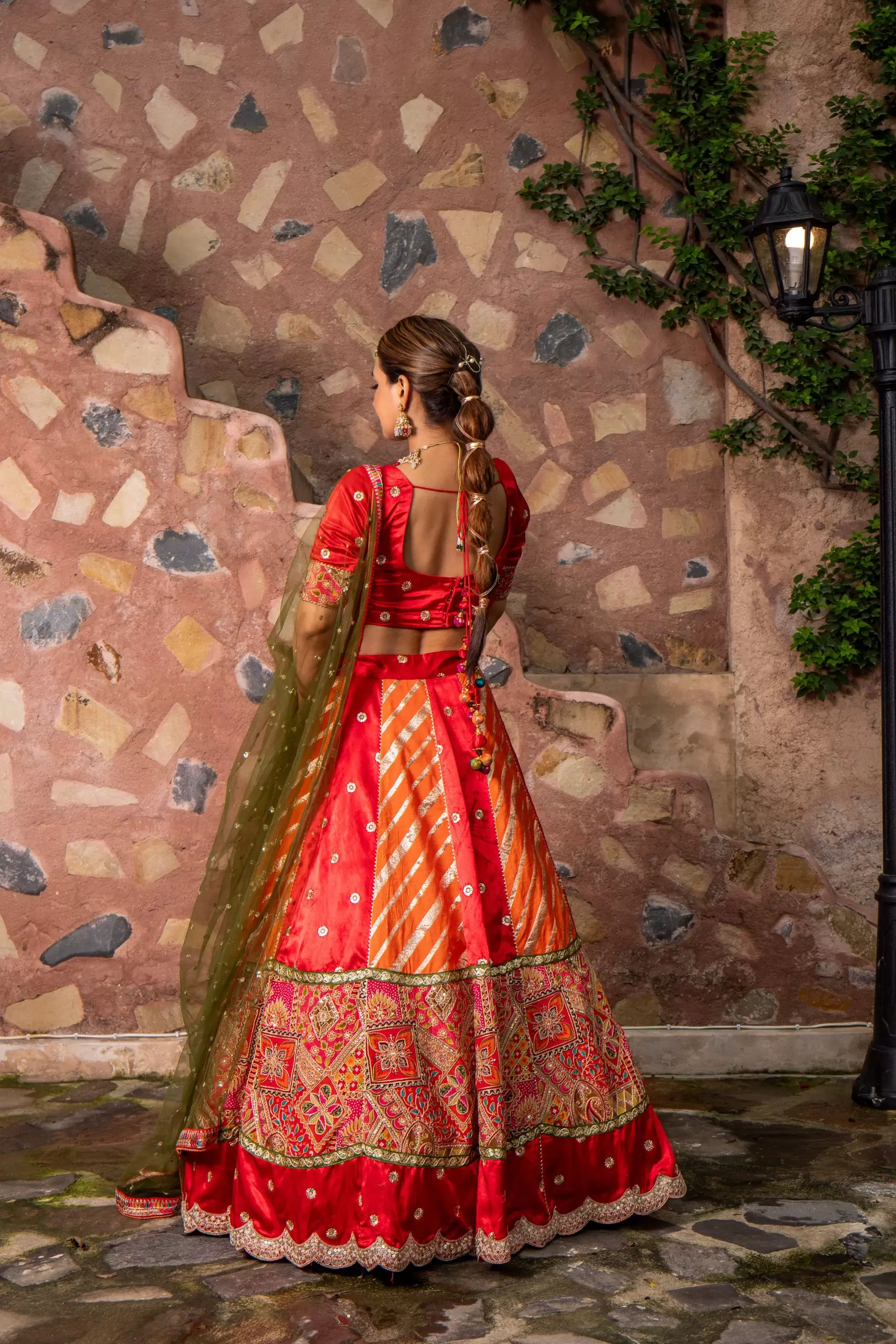 Orange & Red Kalidar Lehenga set with mehendi Green Dupatta