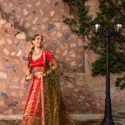 Orange & Red Kalidar Lehenga set with mehendi Green Dupatta