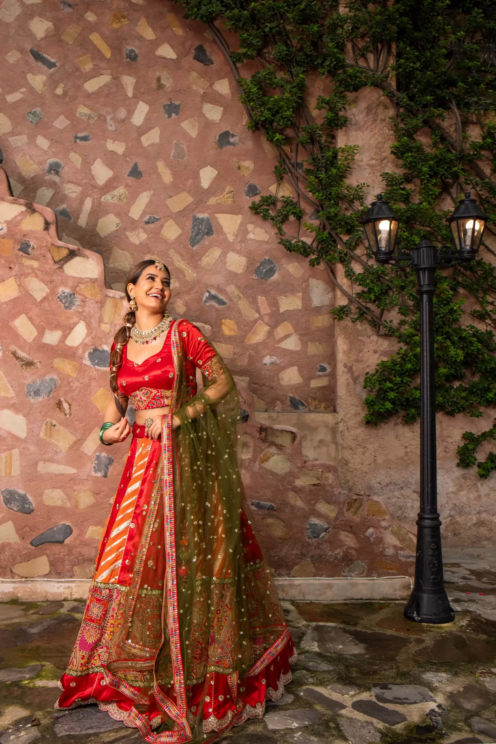 Orange & Red Kalidar Lehenga set with mehendi Green Dupatta