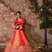 Orange & Red Kalidar Lehenga set with mehendi Green Dupatta