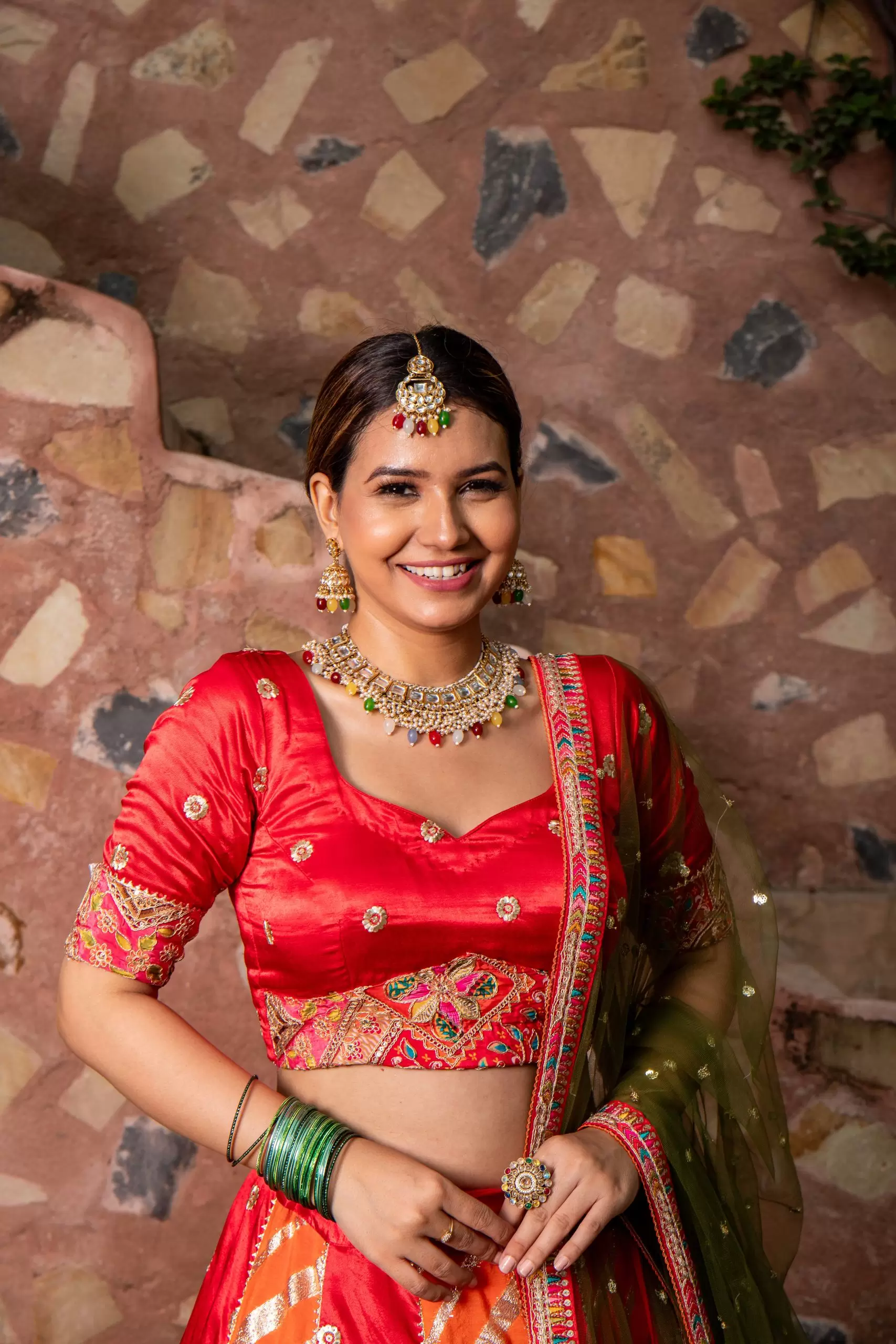 Orange & Red Kalidar Lehenga set with mehendi Green Dupatta