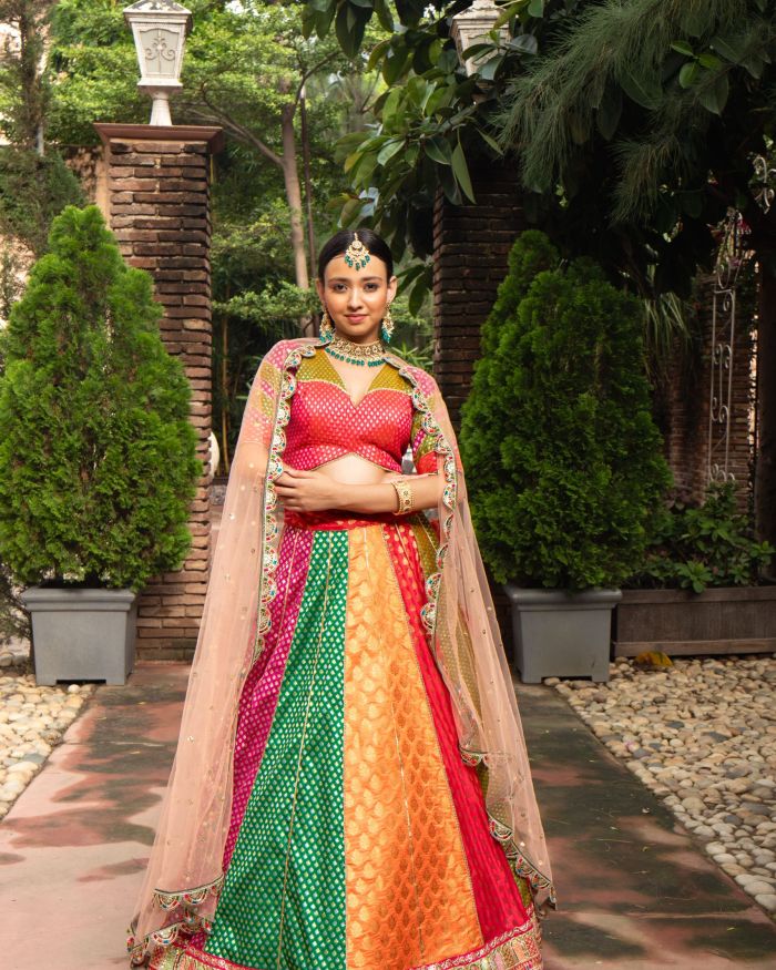 Multi Kali Gherdaar Lehenga set with Peach Net Dupatta