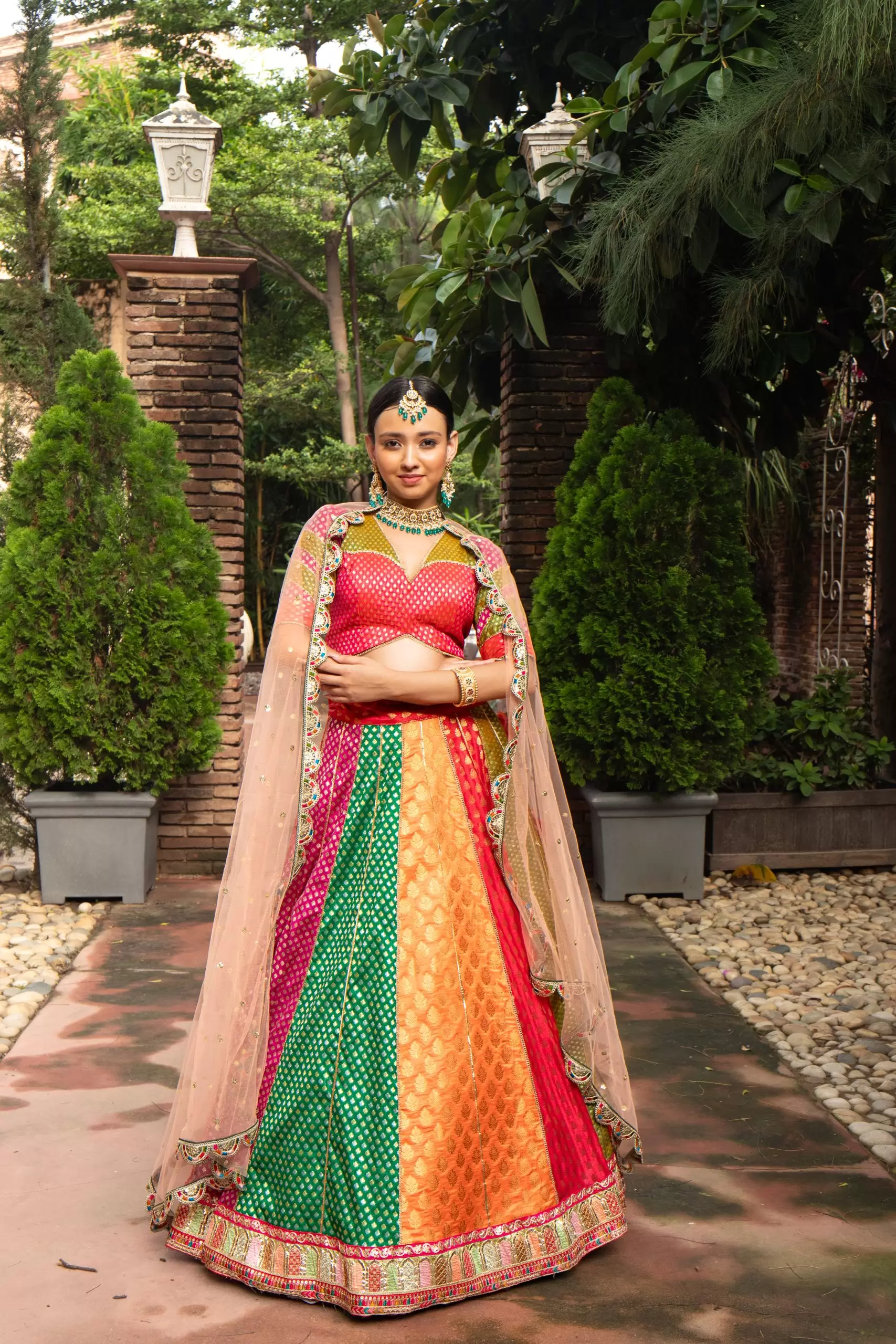 Multi Kali Gherdaar Lehenga set with Peach Net Dupatta