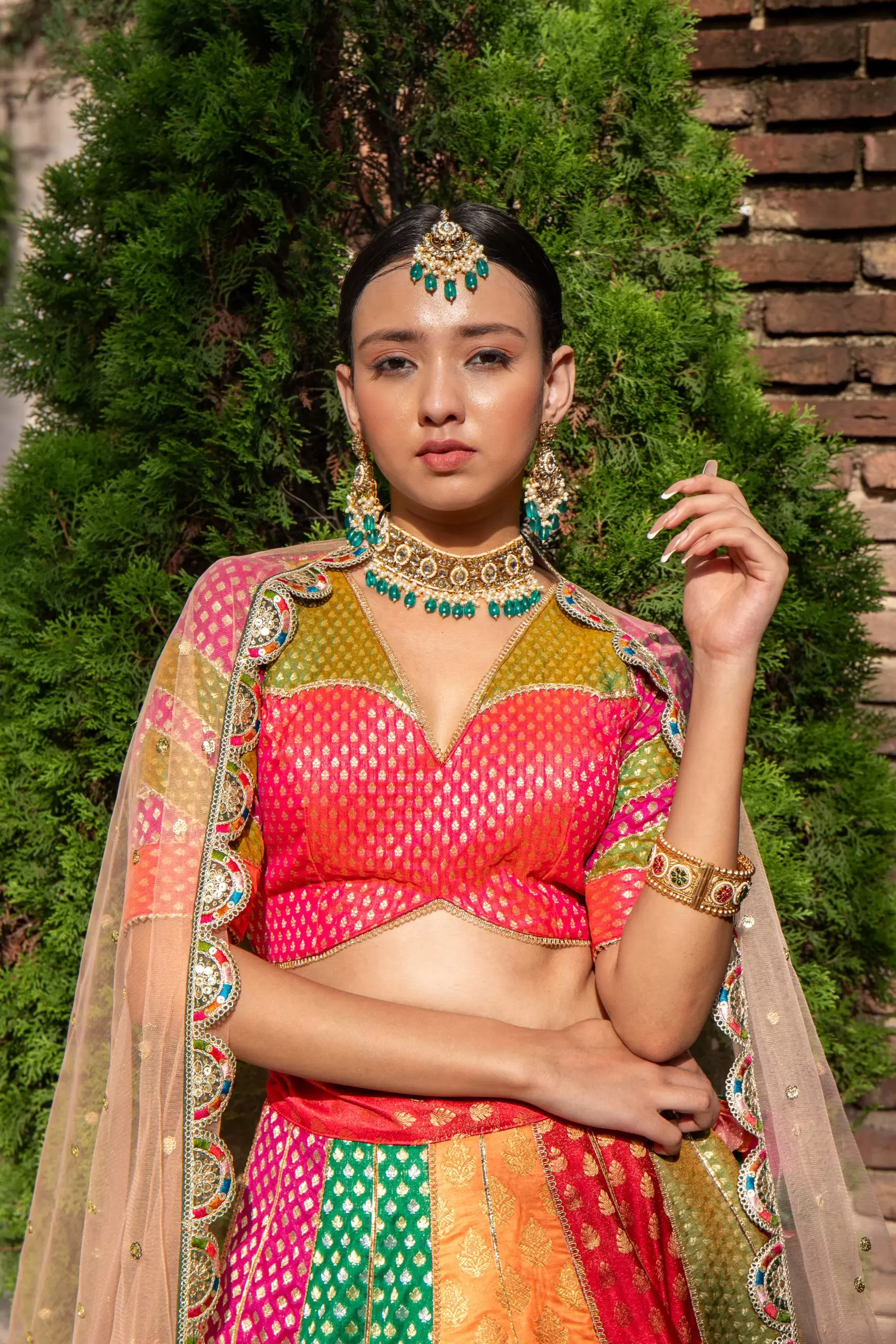 Multi Kali Gherdaar Lehenga set with Peach Net Dupatta