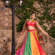 Multi Kali Gherdaar Lehenga set with Peach Net Dupatta