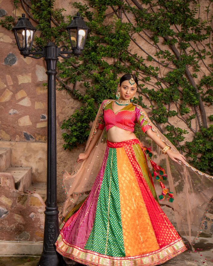 Multi Kali Gherdaar Lehenga set with Peach Net Dupatta