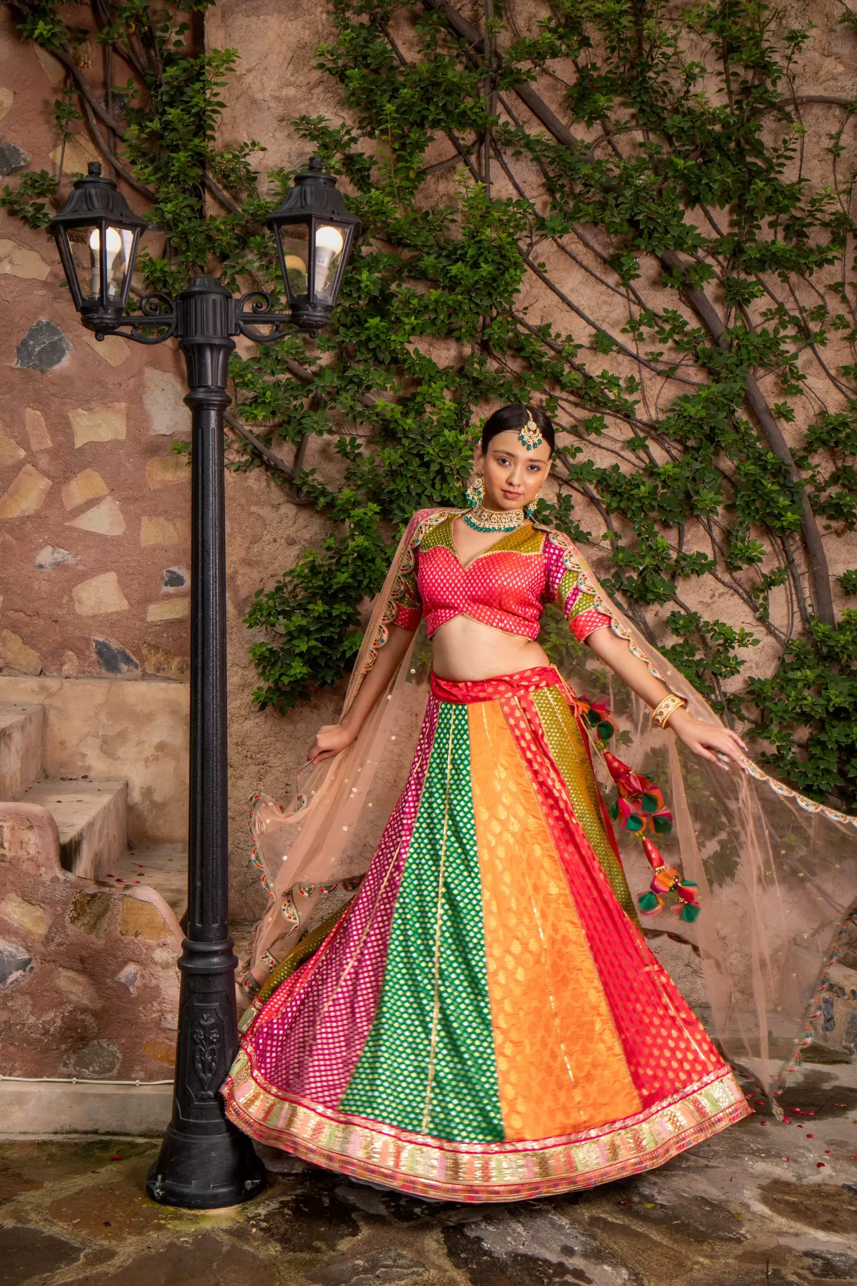 Multi Kali Gherdaar Lehenga set with Peach Net Dupatta