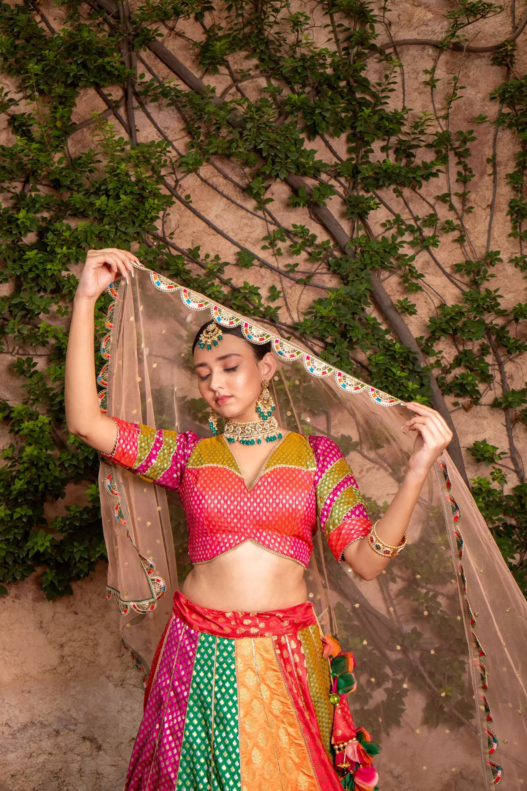 Multi Kali Gherdaar Lehenga set with Peach Net Dupatta