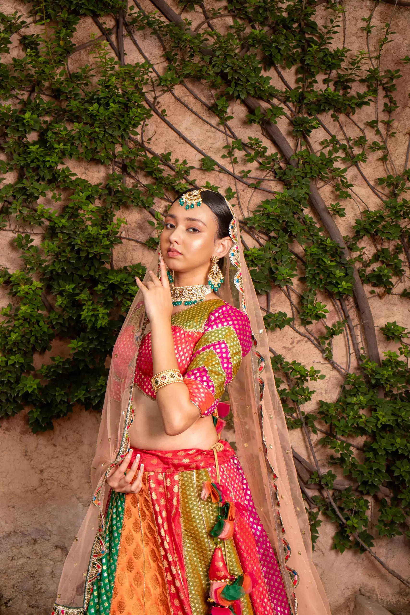 Multi Kali Gherdaar Lehenga set with Peach Net Dupatta