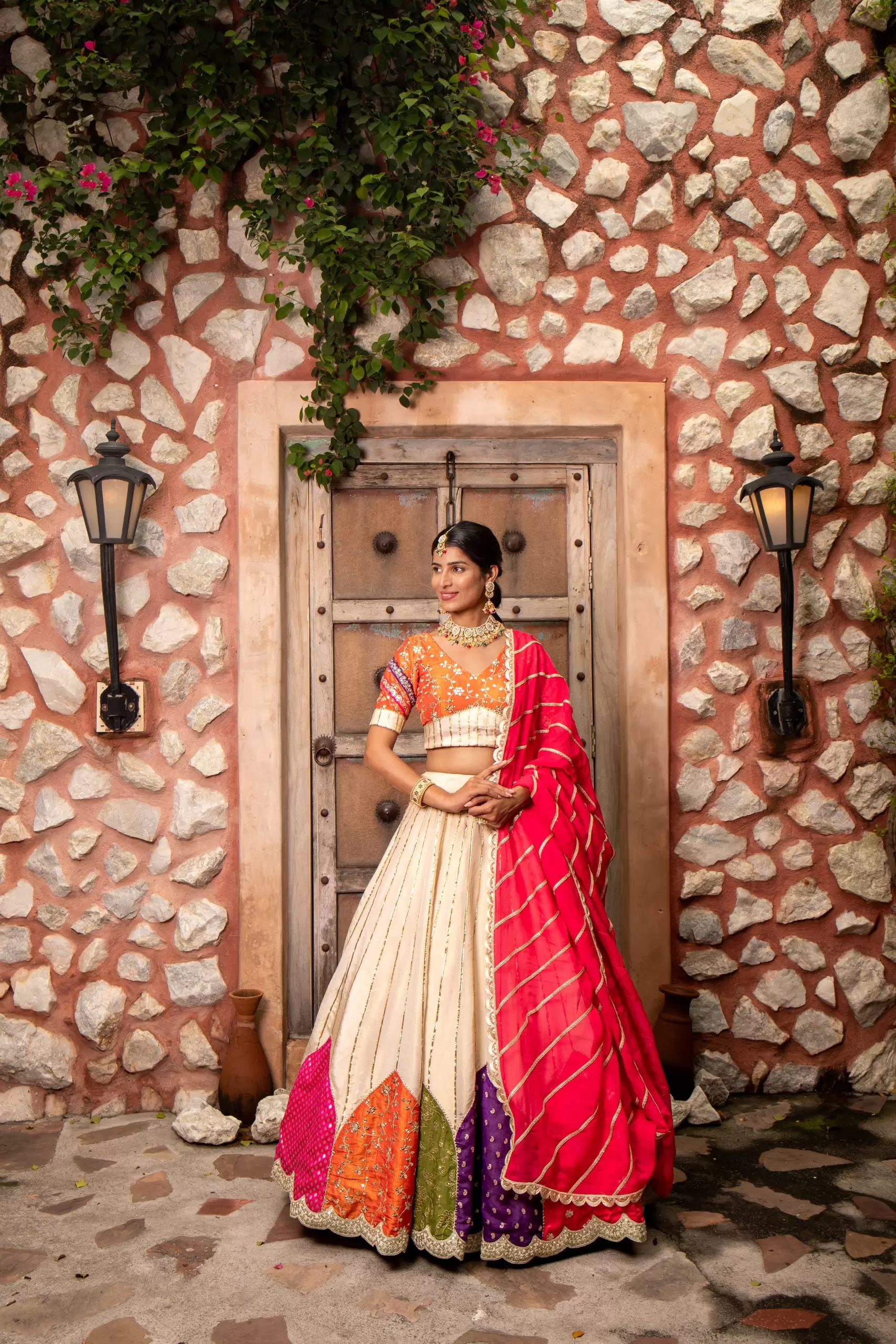 Multi colour patchwork Golden Tissue silk Lehenga set