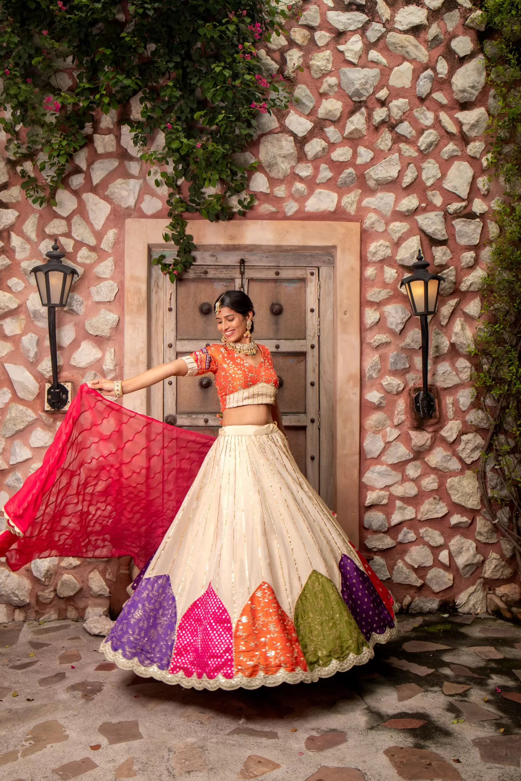 Multi colour patchwork Golden Tissue silk Lehenga set