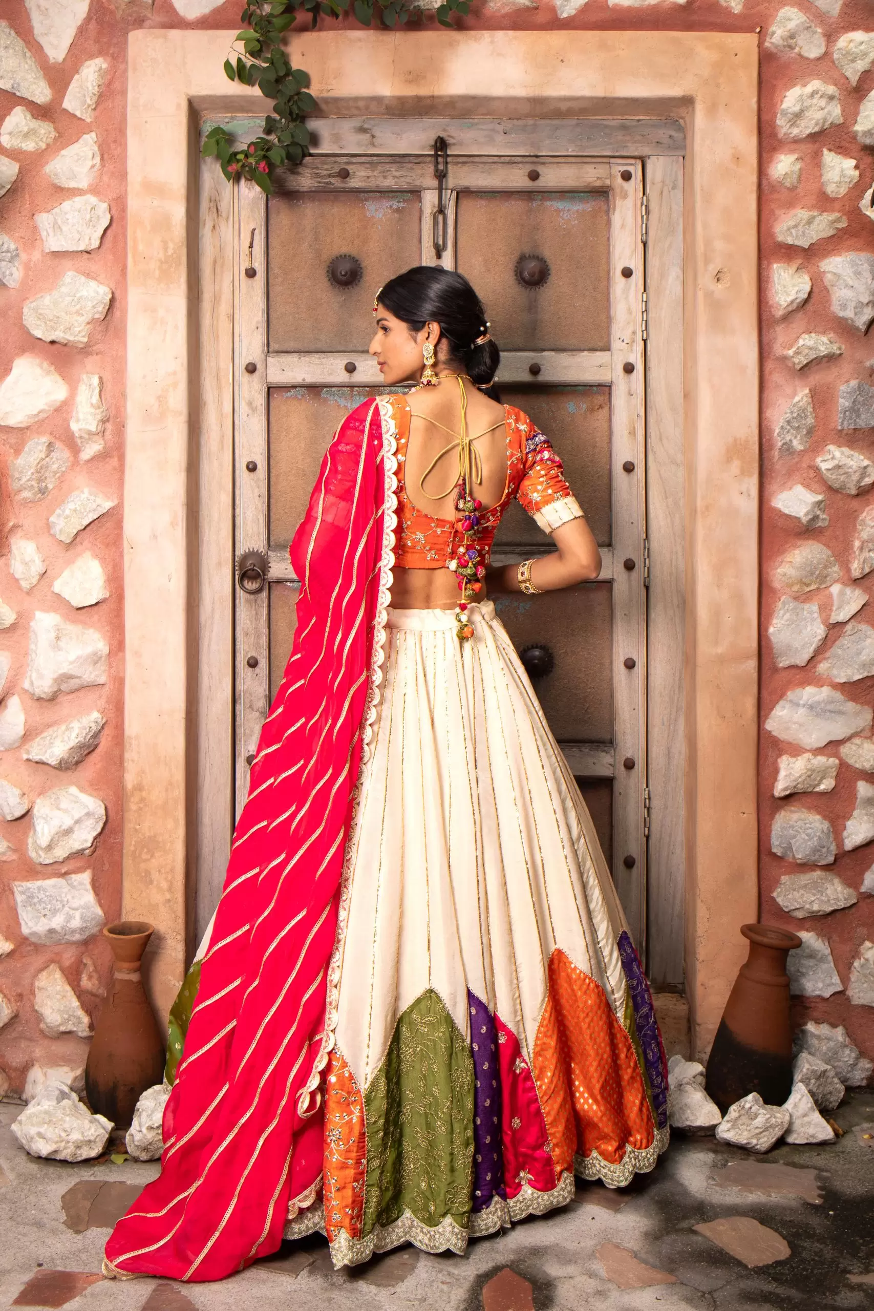 Multi colour patchwork Golden Tissue silk Lehenga set
