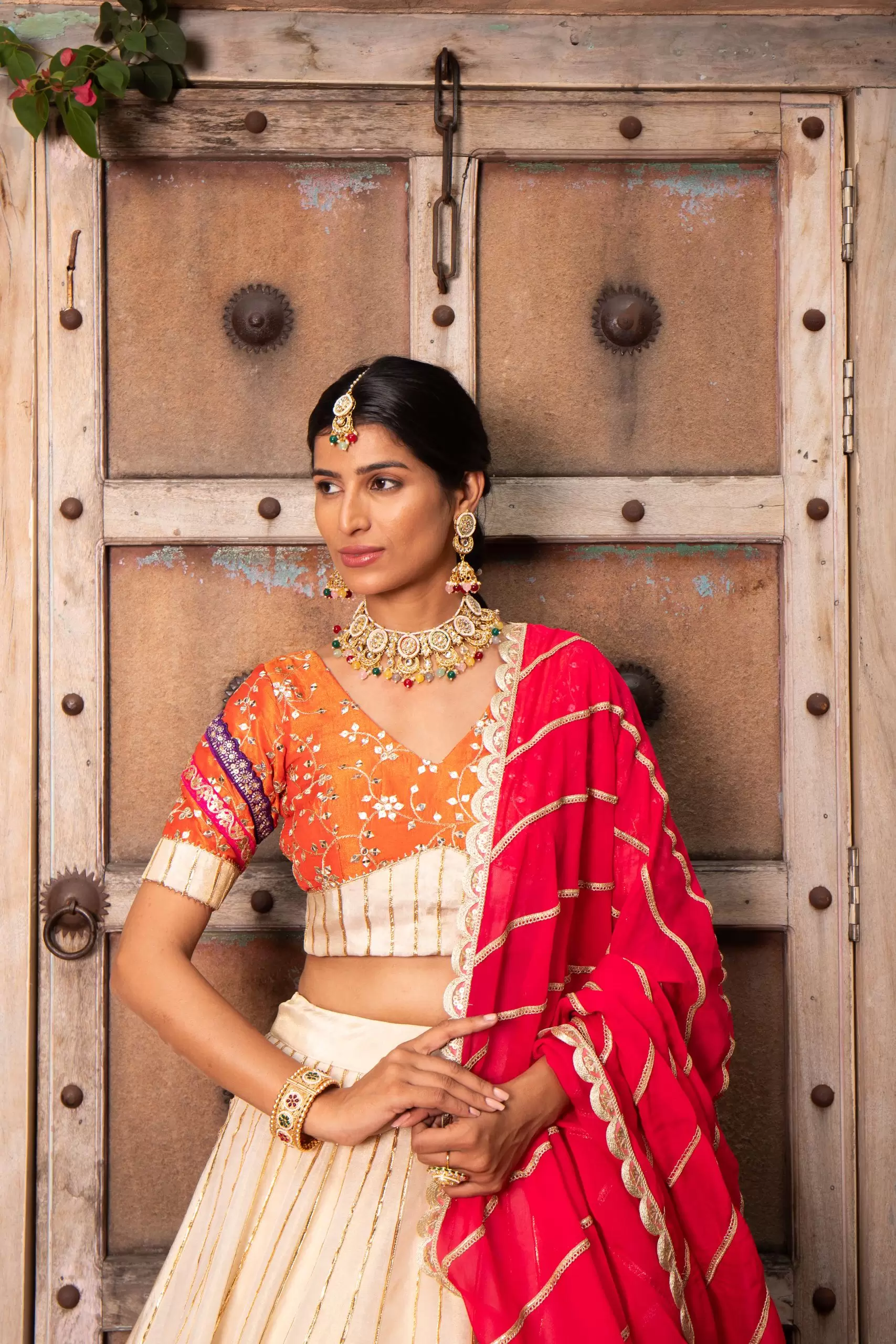 Multi colour patchwork Golden Tissue silk Lehenga set