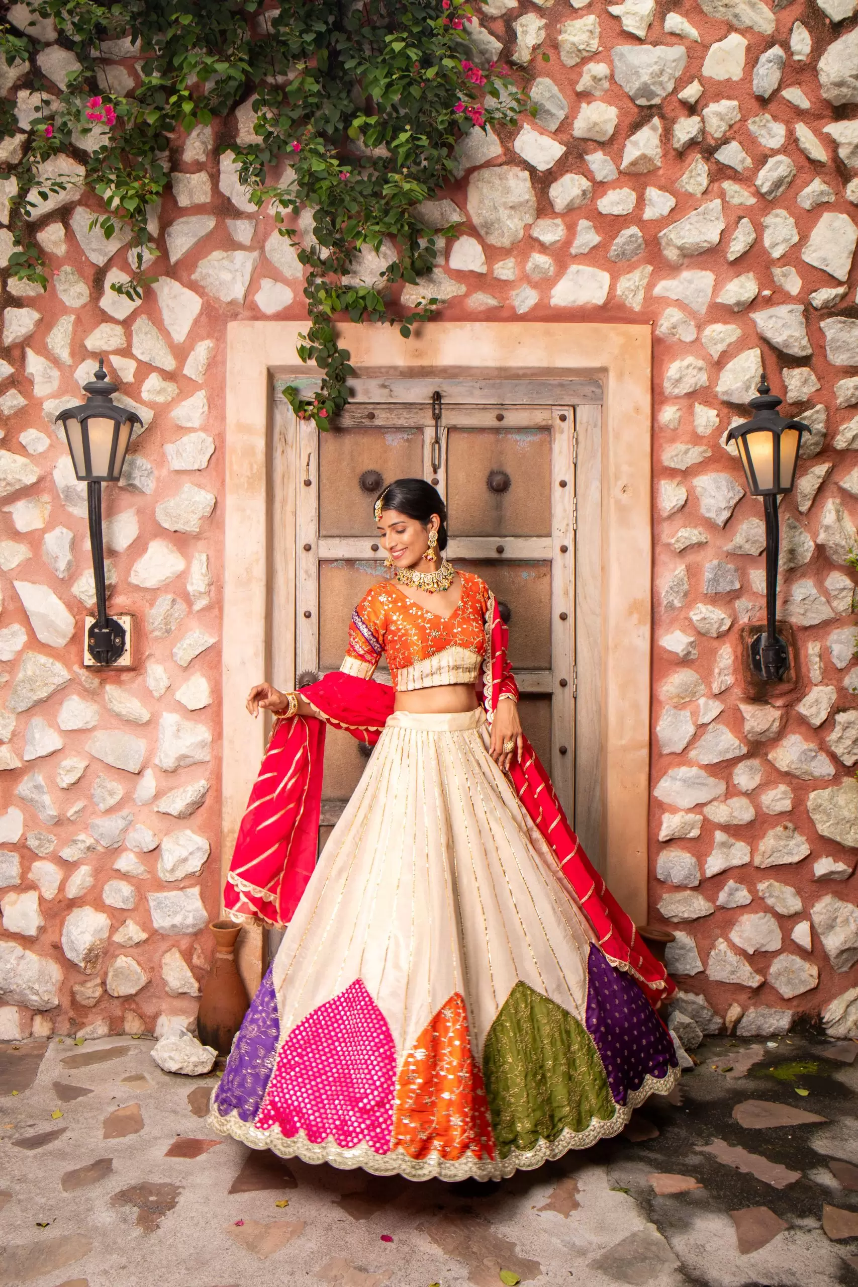 Multi colour patchwork Golden Tissue silk Lehenga set