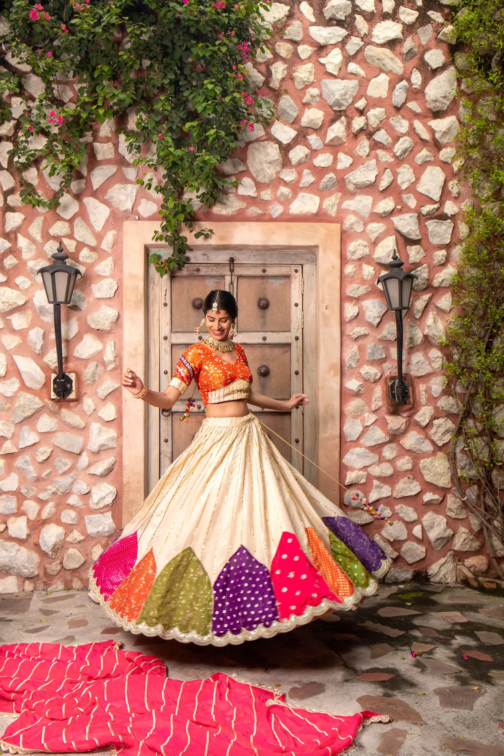 Multi colour patchwork Golden Tissue silk Lehenga set