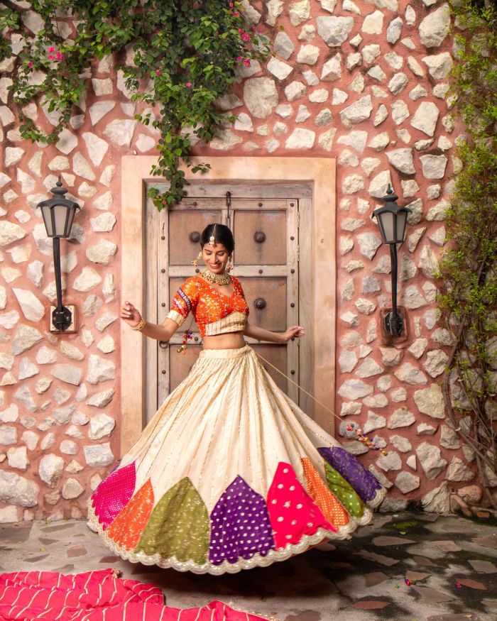 Multi colour patchwork Golden Tissue silk Lehenga set