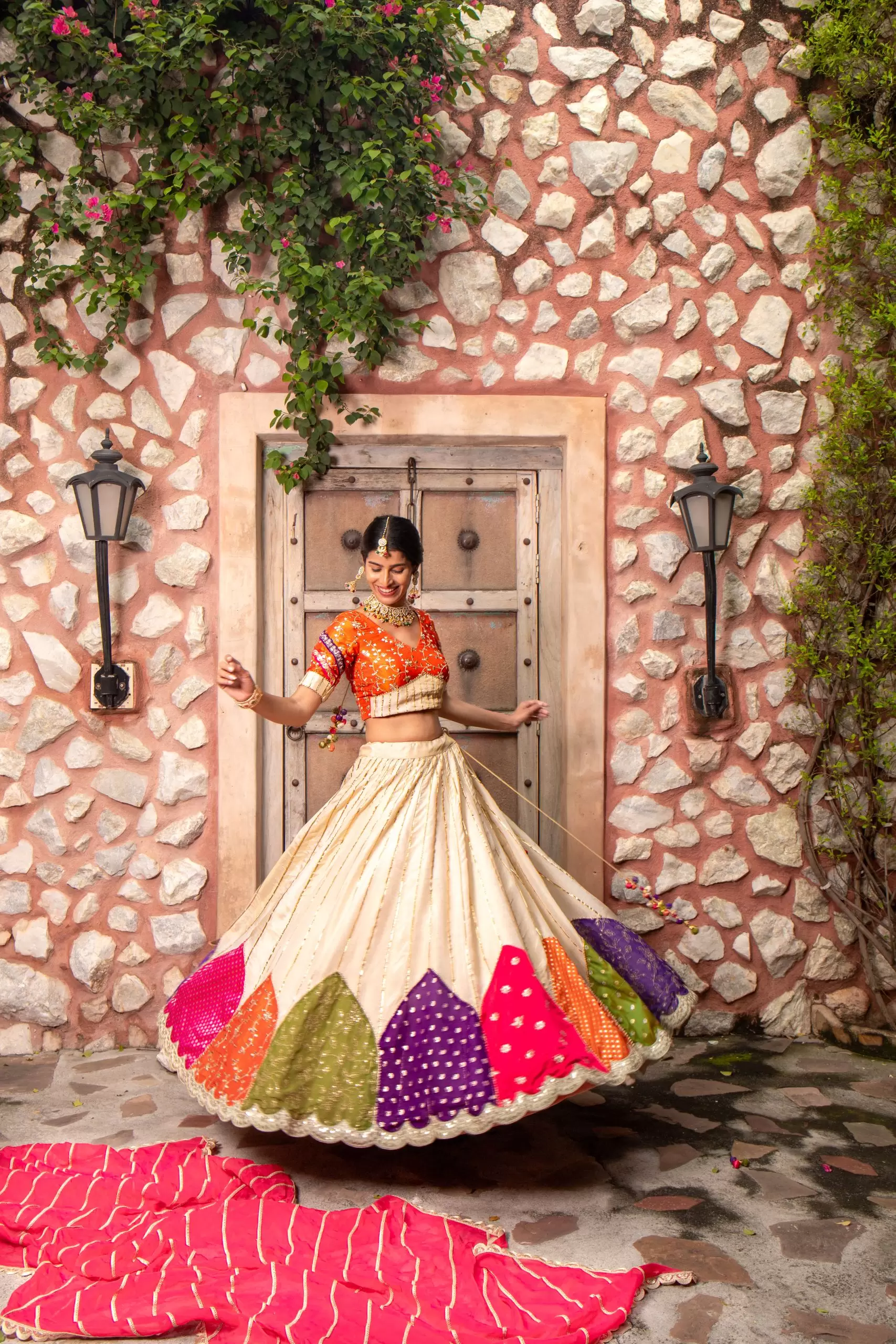 Multi colour patchwork Golden Tissue silk Lehenga set